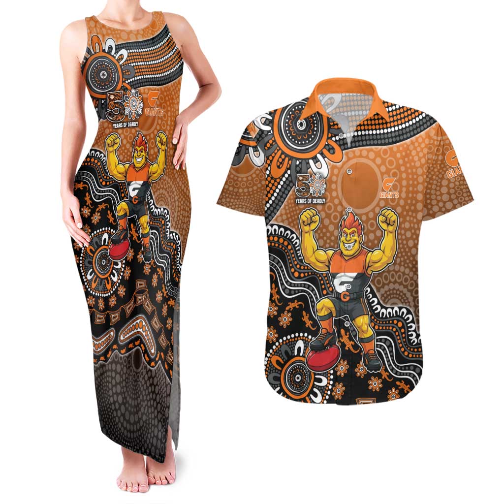 Personalized Giants Football Mascot Couples Matching Tank Maxi Dress and Hawaiian Shirt Aboriginal Dot Art Style Vibrant Indigenous Pattern Design