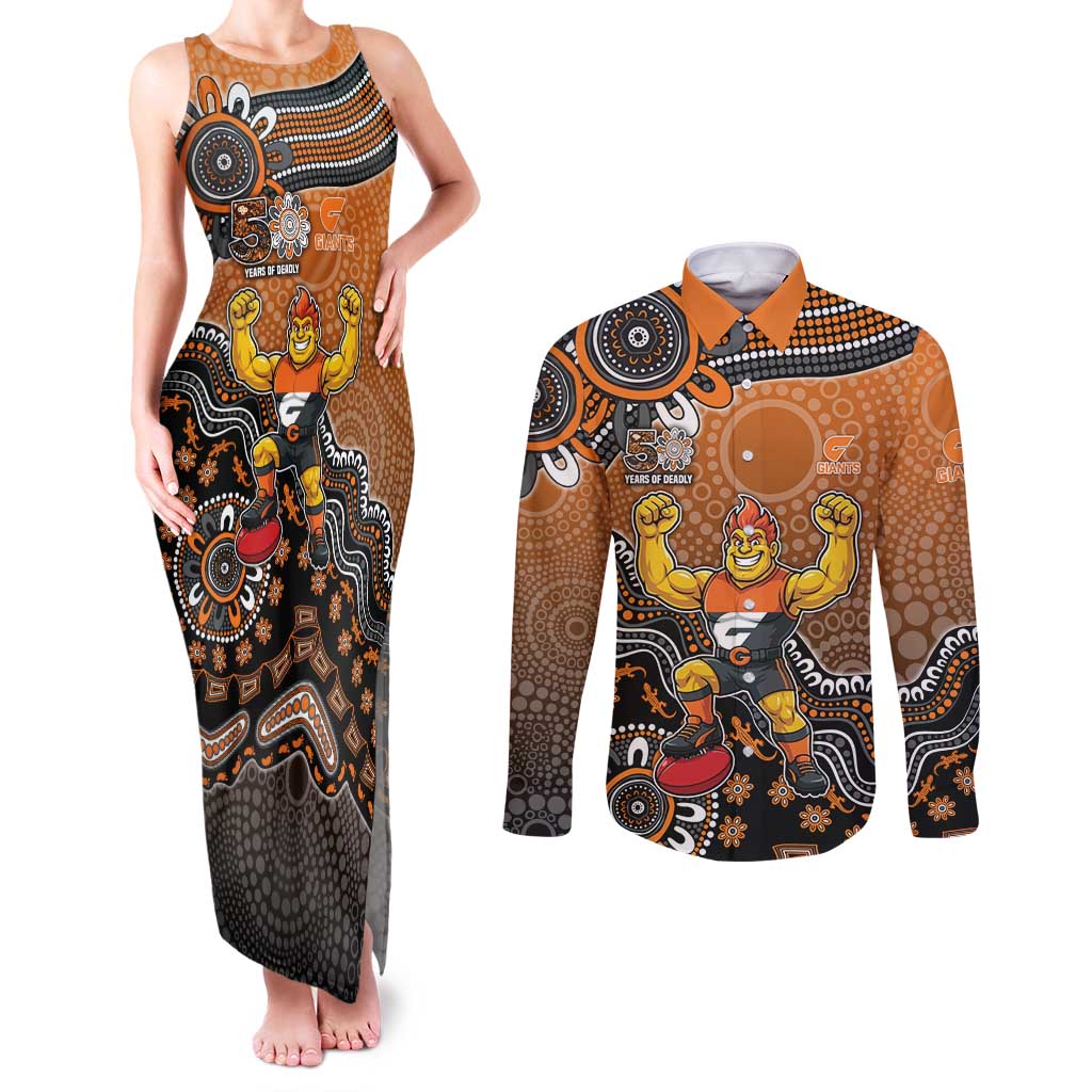Personalized Giants Football Mascot Couples Matching Tank Maxi Dress and Long Sleeve Button Shirt Aboriginal Dot Art Style Vibrant Indigenous Pattern Design