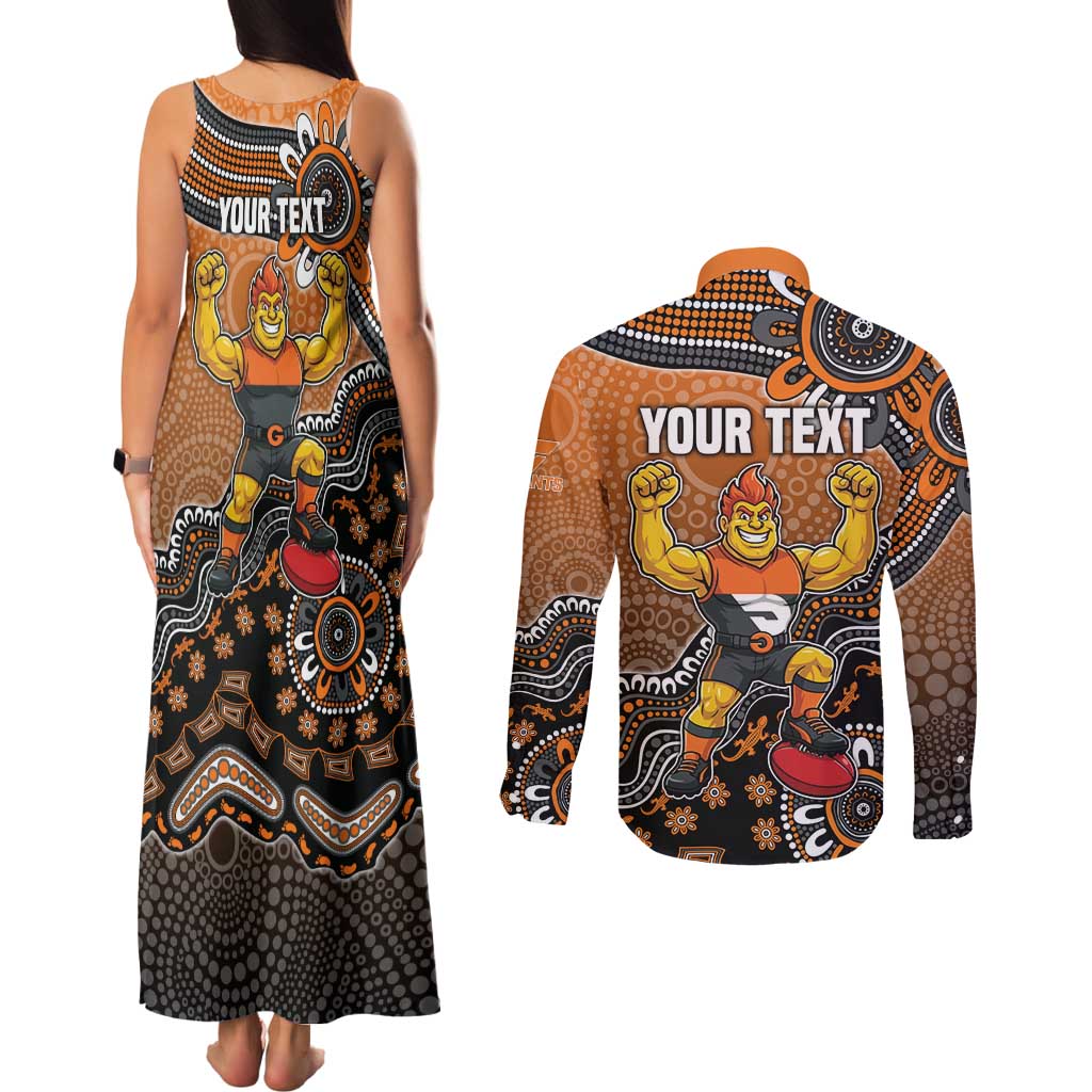 Personalized Giants Football Mascot Couples Matching Tank Maxi Dress and Long Sleeve Button Shirt Aboriginal Dot Art Style Vibrant Indigenous Pattern Design