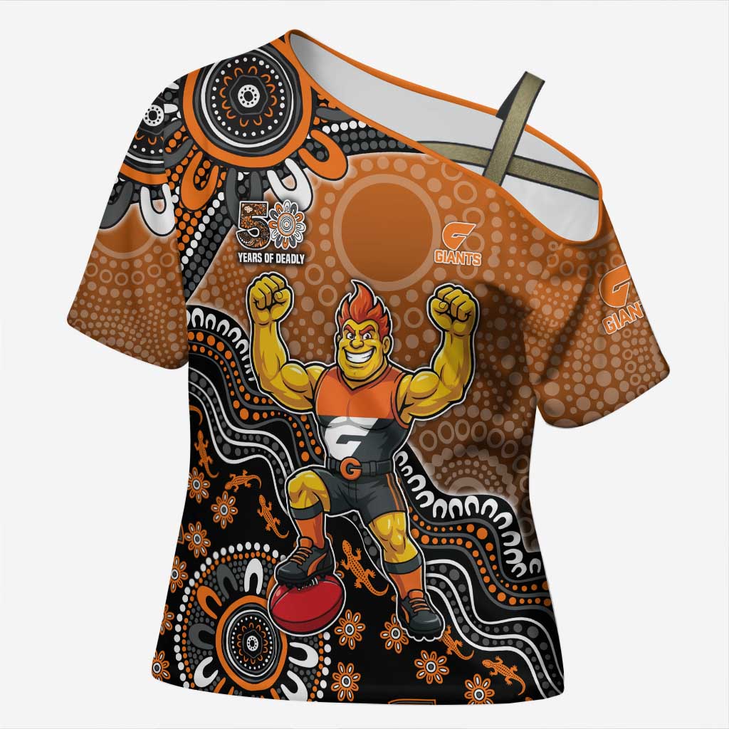Personalized Giants Football Mascot Cross Shoulder Shirt Aboriginal Dot Art Style Vibrant Indigenous Pattern Design