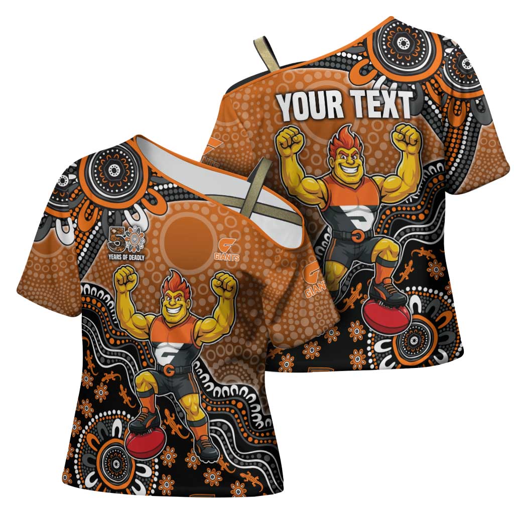 Personalized Giants Football Mascot Cross Shoulder Shirt Aboriginal Dot Art Style Vibrant Indigenous Pattern Design