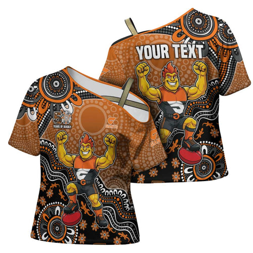Personalized Giants Football Mascot Cross Shoulder Shirt Aboriginal Dot Art Style Vibrant Indigenous Pattern Design
