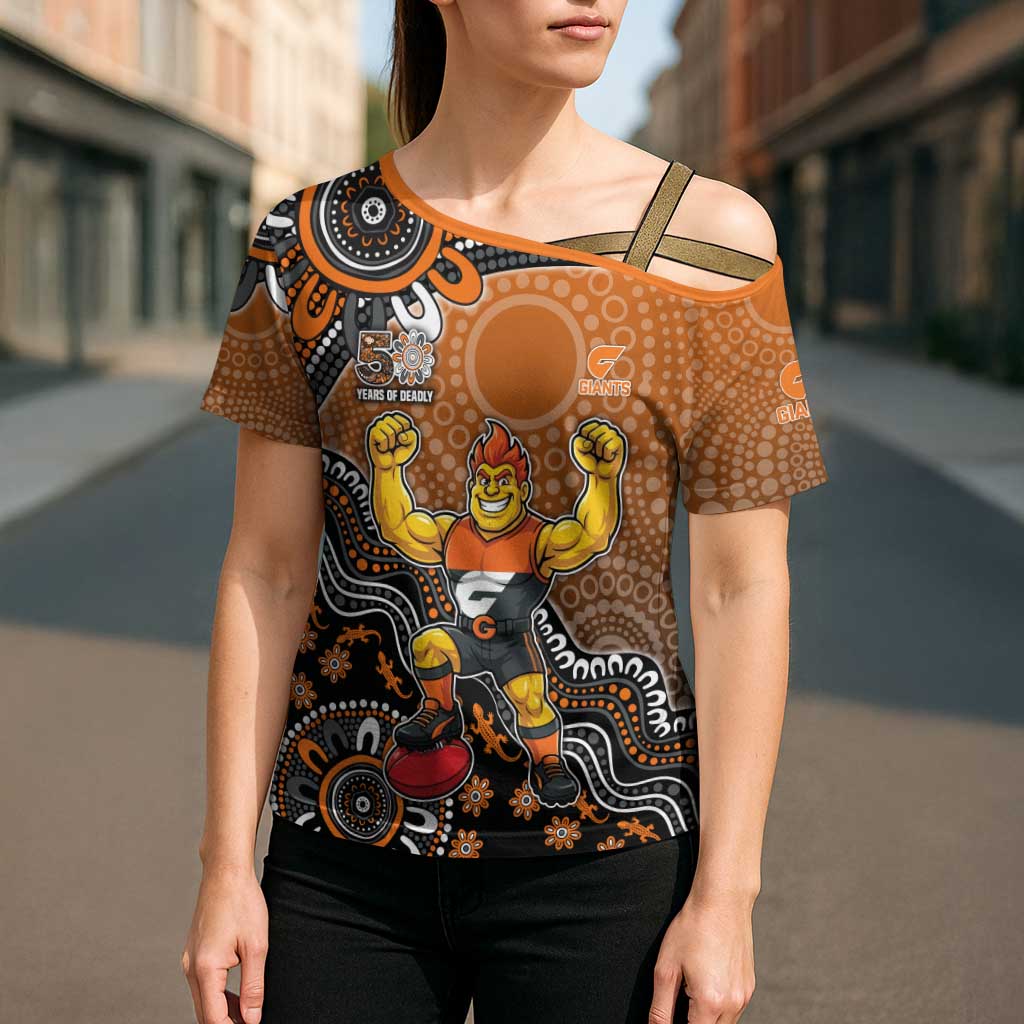 Personalized Giants Football Mascot Cross Shoulder Shirt Aboriginal Dot Art Style Vibrant Indigenous Pattern Design