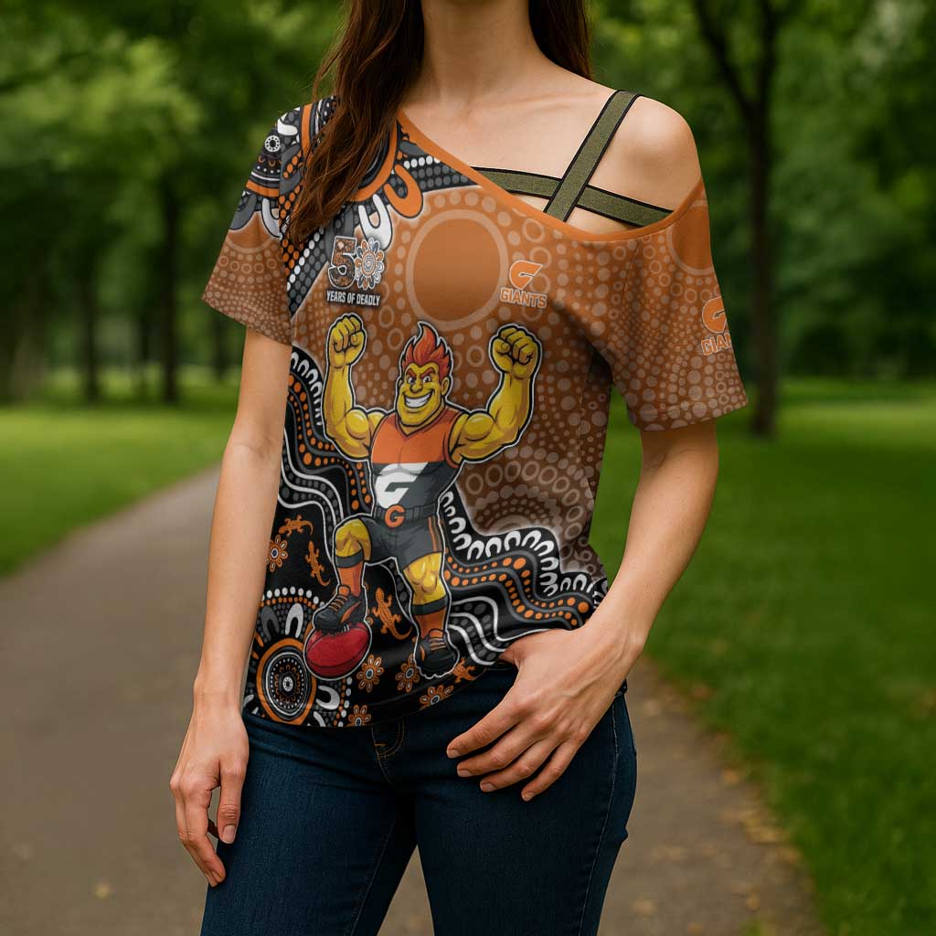 Personalized Giants Football Mascot Cross Shoulder Shirt Aboriginal Dot Art Style Vibrant Indigenous Pattern Design