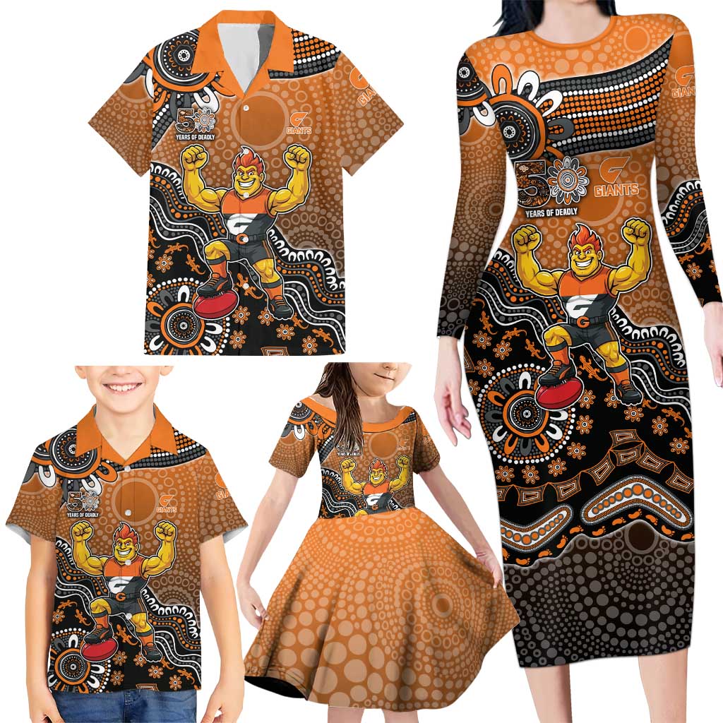 Personalized Giants Football Mascot Family Matching Long Sleeve Bodycon Dress and Hawaiian Shirt Aboriginal Dot Art Style Vibrant Indigenous Pattern Design