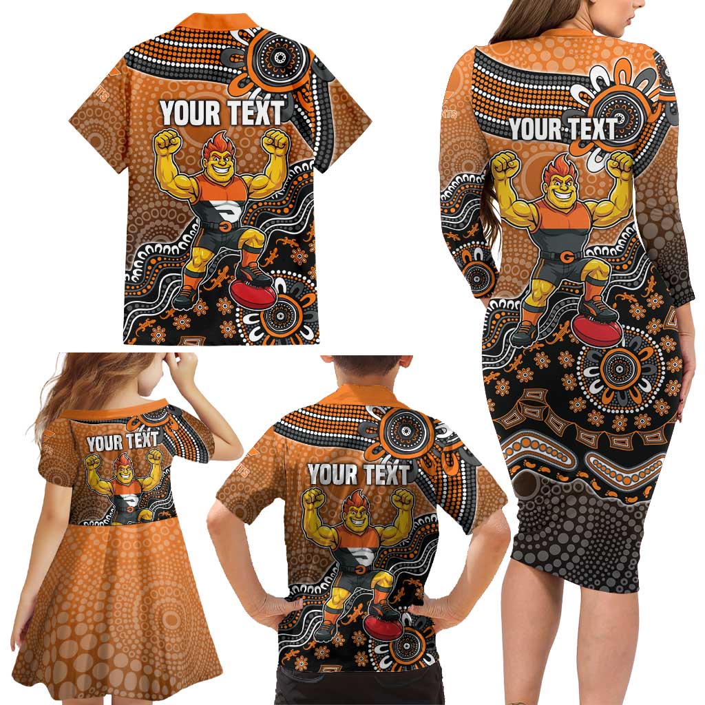 Personalized Giants Football Mascot Family Matching Long Sleeve Bodycon Dress and Hawaiian Shirt Aboriginal Dot Art Style Vibrant Indigenous Pattern Design