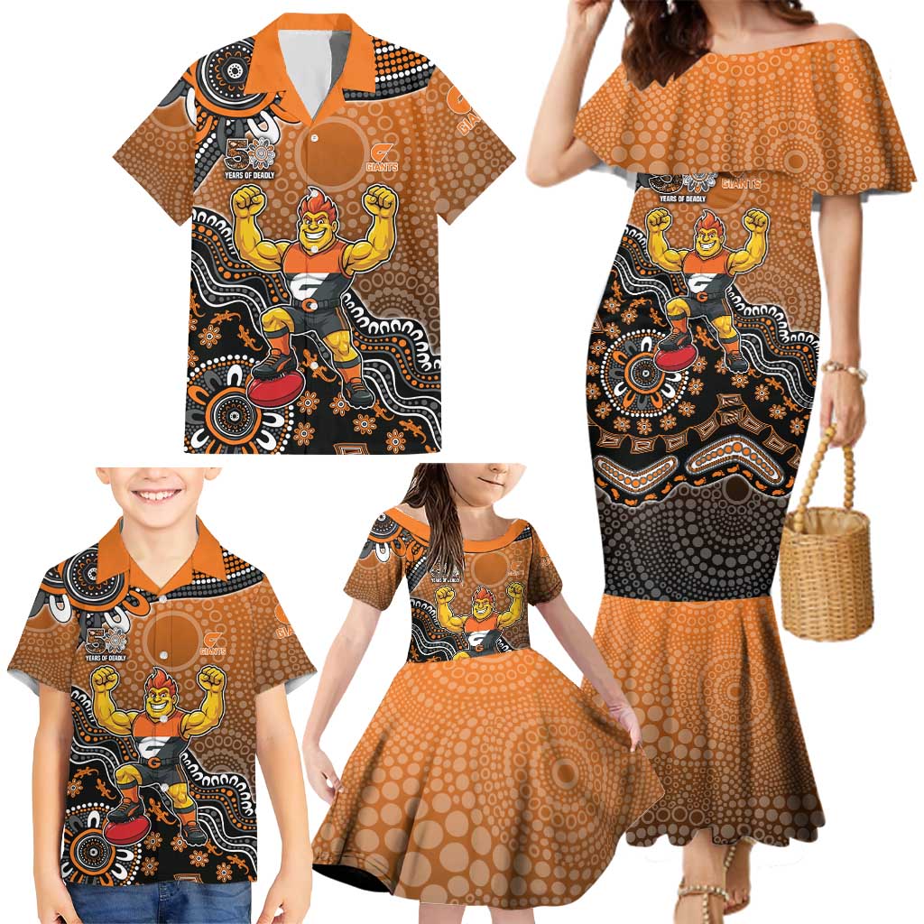Personalized Giants Football Mascot Family Matching Mermaid Dress and Hawaiian Shirt Aboriginal Dot Art Style Vibrant Indigenous Pattern Design