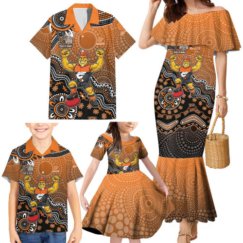 Personalized Giants Football Mascot Family Matching Mermaid Dress and Hawaiian Shirt Aboriginal Dot Art Style Vibrant Indigenous Pattern Design