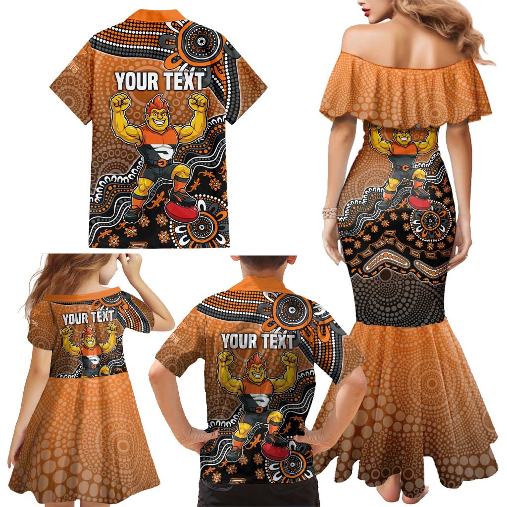Personalized Giants Football Mascot Family Matching Mermaid Dress and Hawaiian Shirt Aboriginal Dot Art Style Vibrant Indigenous Pattern Design