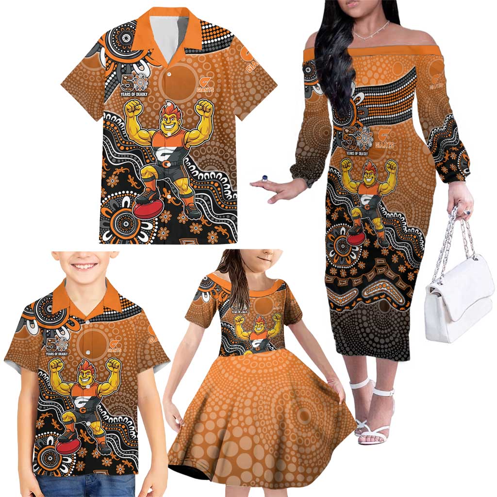 Personalized Giants Football Mascot Family Matching Off The Shoulder Long Sleeve Dress and Hawaiian Shirt Aboriginal Dot Art Style Vibrant Indigenous Pattern Design