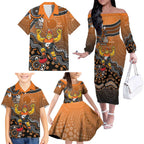 Personalized Giants Football Mascot Family Matching Off The Shoulder Long Sleeve Dress and Hawaiian Shirt Aboriginal Dot Art Style Vibrant Indigenous Pattern Design