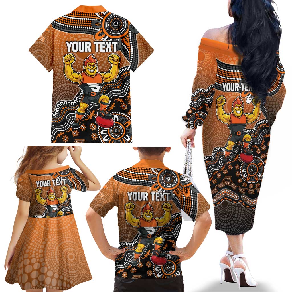 Personalized Giants Football Mascot Family Matching Off The Shoulder Long Sleeve Dress and Hawaiian Shirt Aboriginal Dot Art Style Vibrant Indigenous Pattern Design