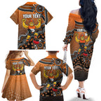 Personalized Giants Football Mascot Family Matching Off The Shoulder Long Sleeve Dress and Hawaiian Shirt Aboriginal Dot Art Style Vibrant Indigenous Pattern Design