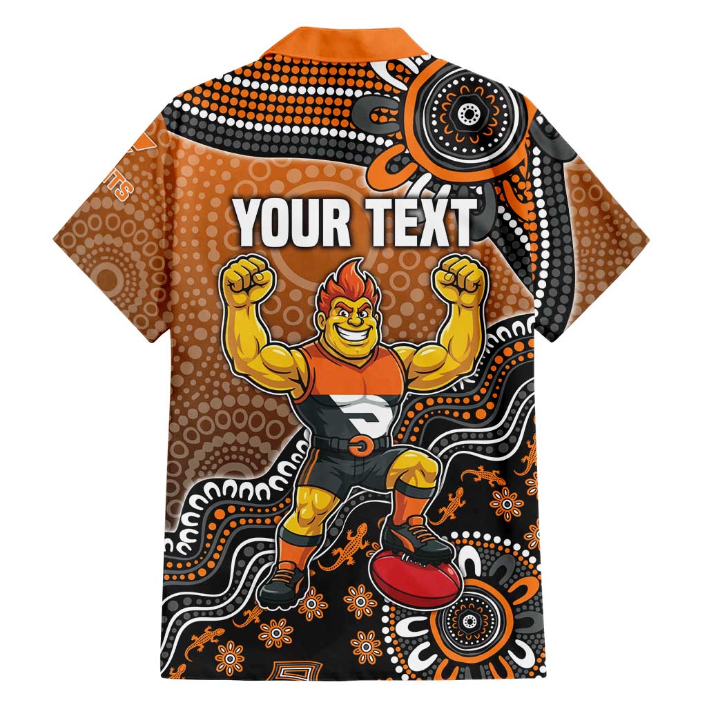 Personalized Giants Football Mascot Family Matching Off The Shoulder Long Sleeve Dress and Hawaiian Shirt Aboriginal Dot Art Style Vibrant Indigenous Pattern Design