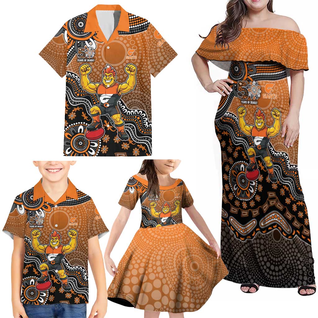 Personalized Giants Football Mascot Family Matching Off Shoulder Maxi Dress and Hawaiian Shirt Aboriginal Dot Art Style Vibrant Indigenous Pattern Design