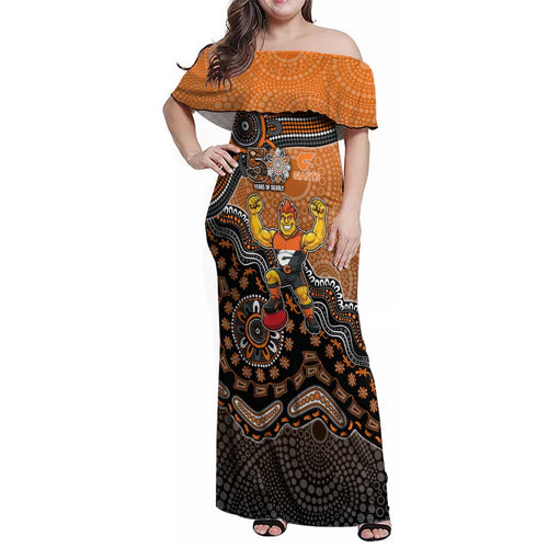 Personalized Giants Football Mascot Family Matching Off Shoulder Maxi Dress and Hawaiian Shirt Aboriginal Dot Art Style Vibrant Indigenous Pattern Design