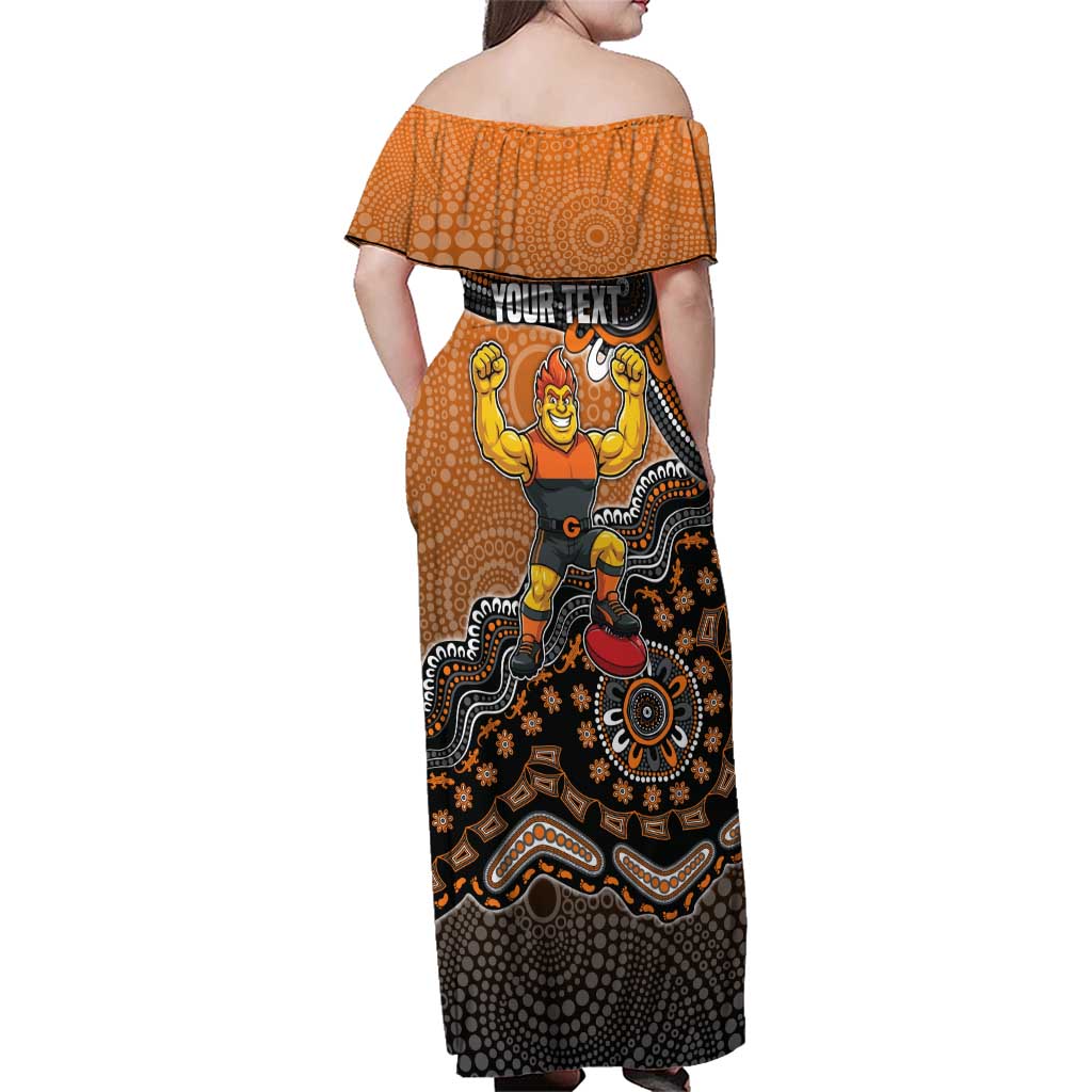 Personalized Giants Football Mascot Family Matching Off Shoulder Maxi Dress and Hawaiian Shirt Aboriginal Dot Art Style Vibrant Indigenous Pattern Design