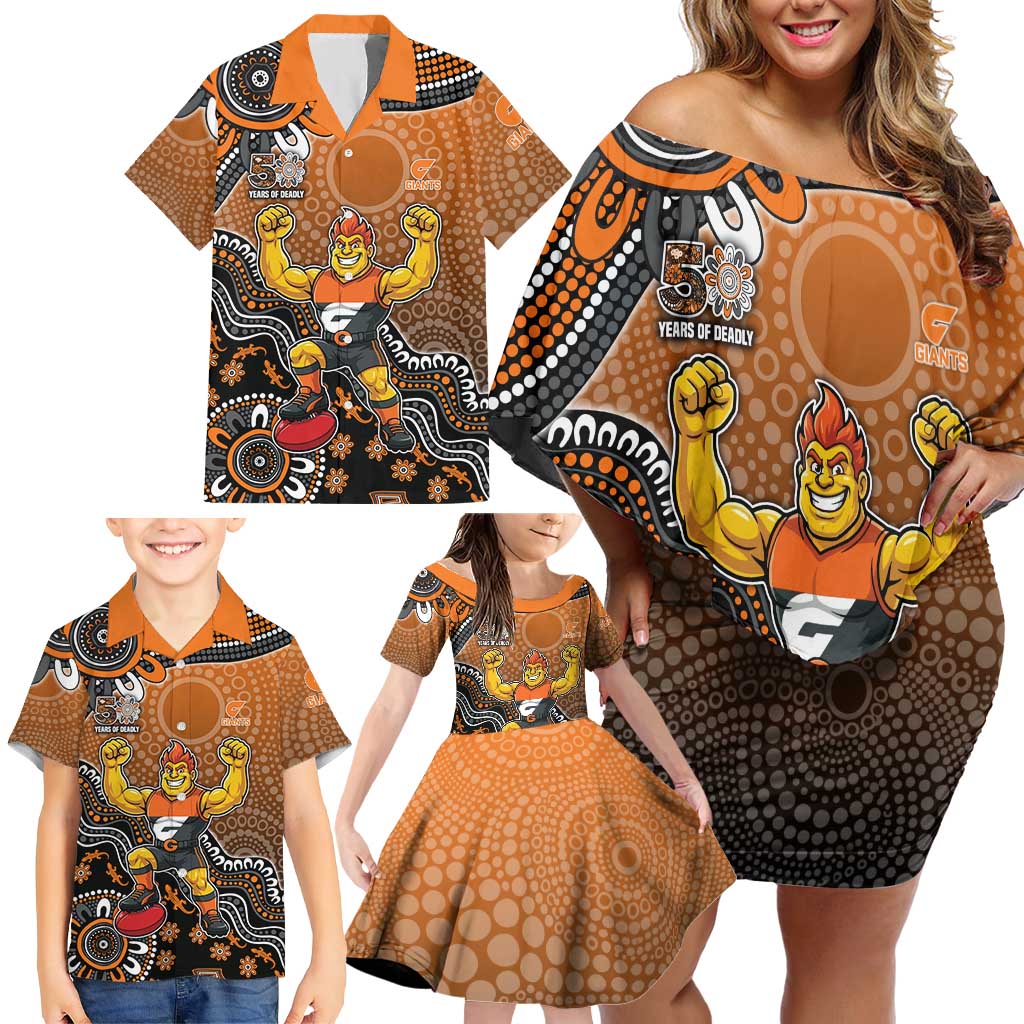Personalized Giants Football Mascot Family Matching Off Shoulder Short Dress and Hawaiian Shirt Aboriginal Dot Art Style Vibrant Indigenous Pattern Design