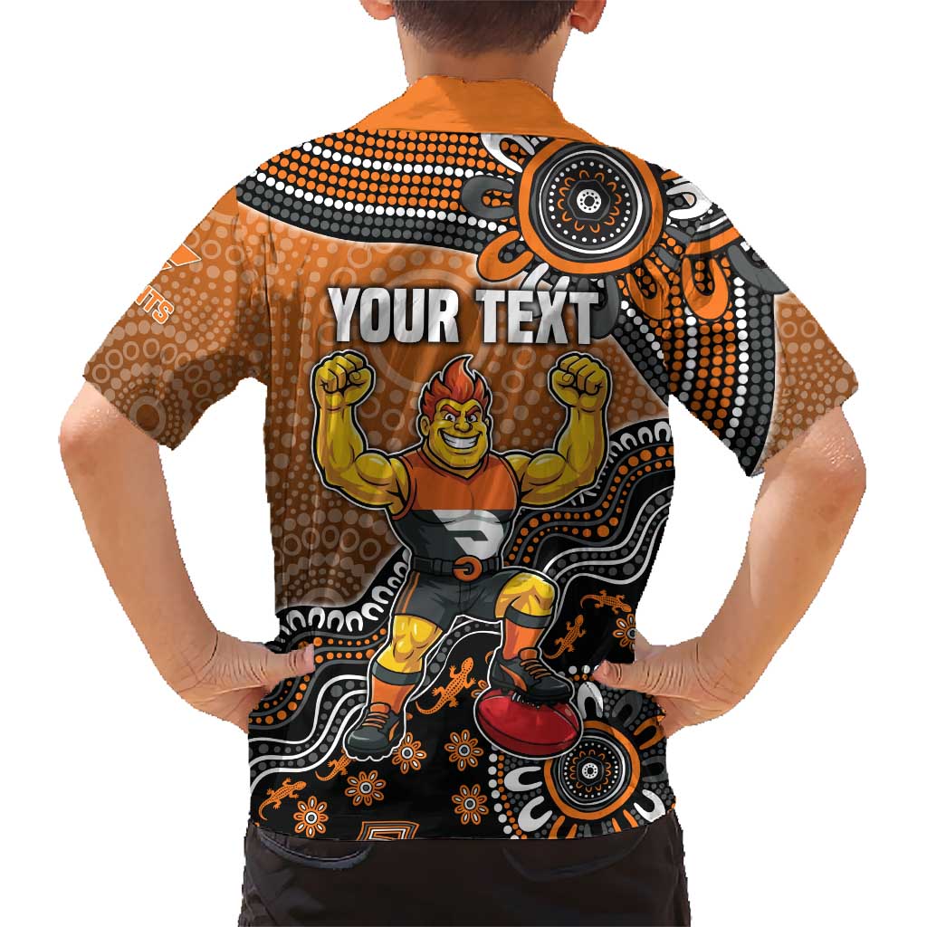 Personalized Giants Football Mascot Family Matching Off Shoulder Short Dress and Hawaiian Shirt Aboriginal Dot Art Style Vibrant Indigenous Pattern Design
