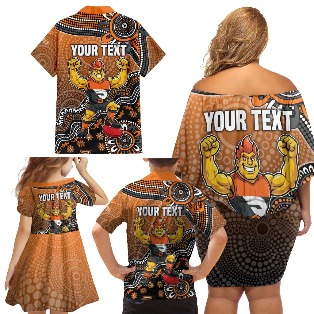 Personalized Giants Football Mascot Family Matching Off Shoulder Short Dress and Hawaiian Shirt Aboriginal Dot Art Style Vibrant Indigenous Pattern Design