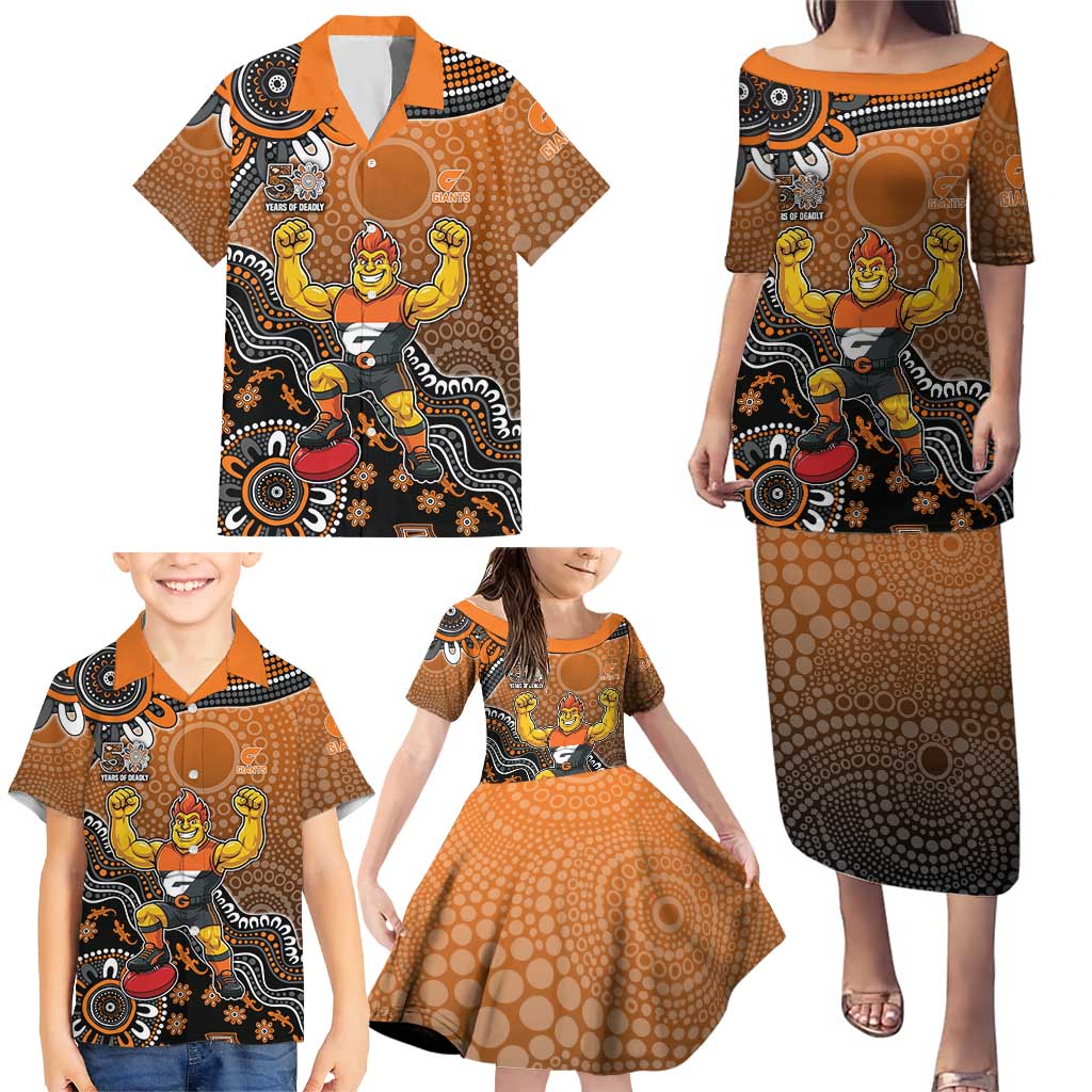 Personalized Giants Football Mascot Family Matching Puletasi and Hawaiian Shirt Aboriginal Dot Art Style Vibrant Indigenous Pattern Design