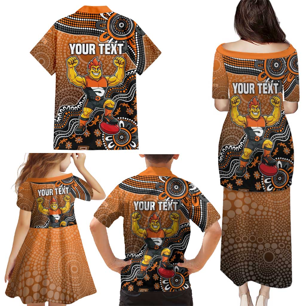 Personalized Giants Football Mascot Family Matching Puletasi and Hawaiian Shirt Aboriginal Dot Art Style Vibrant Indigenous Pattern Design