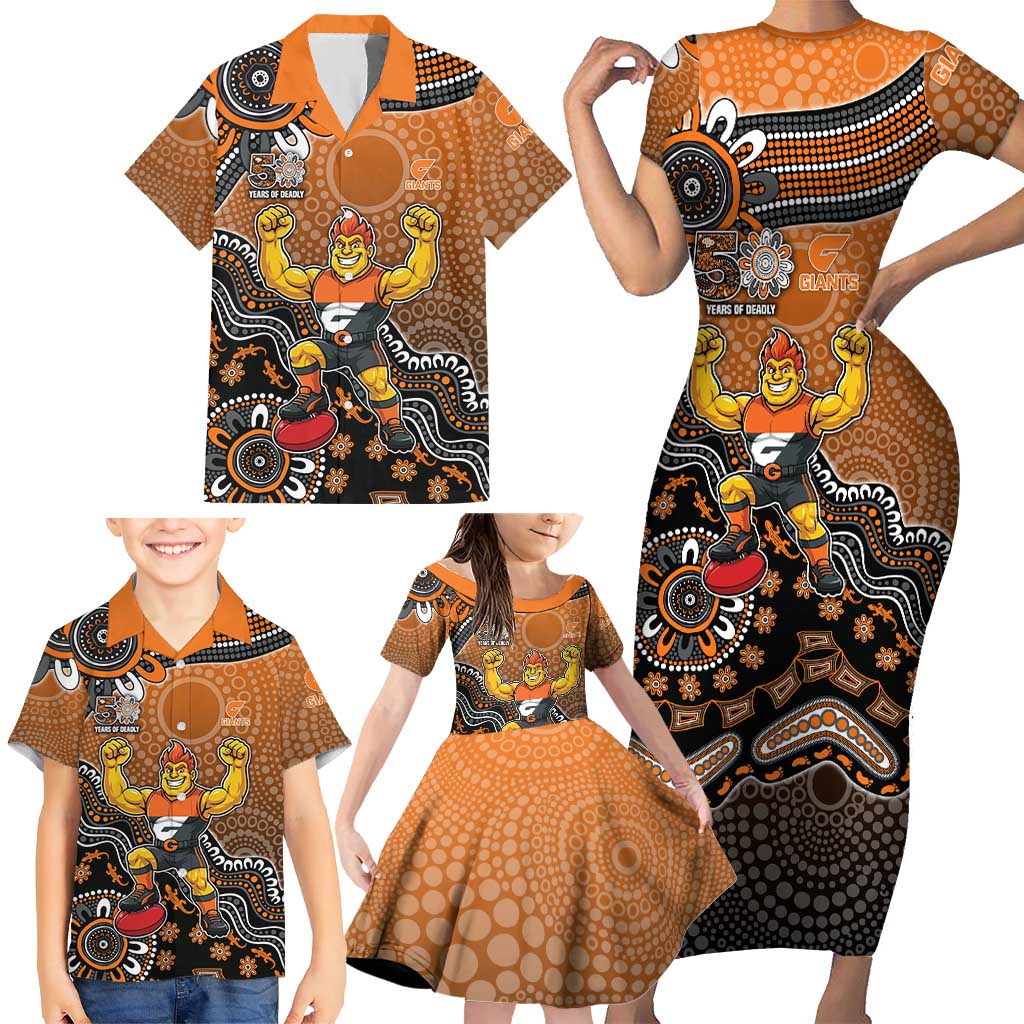 Personalized Giants Football Mascot Family Matching Short Sleeve Bodycon Dress and Hawaiian Shirt Aboriginal Dot Art Style Vibrant Indigenous Pattern Design