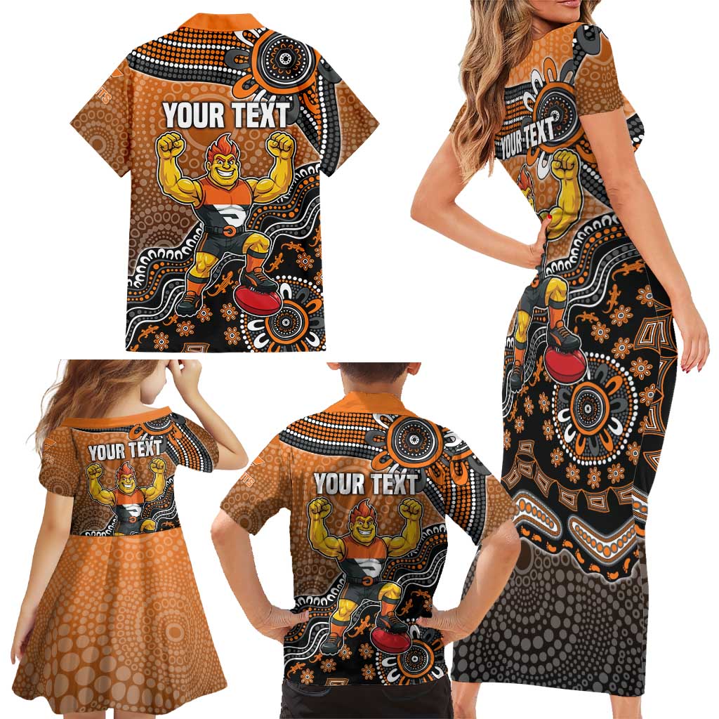 Personalized Giants Football Mascot Family Matching Short Sleeve Bodycon Dress and Hawaiian Shirt Aboriginal Dot Art Style Vibrant Indigenous Pattern Design