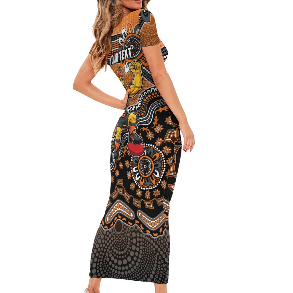 Personalized Giants Football Mascot Family Matching Short Sleeve Bodycon Dress and Hawaiian Shirt Aboriginal Dot Art Style Vibrant Indigenous Pattern Design
