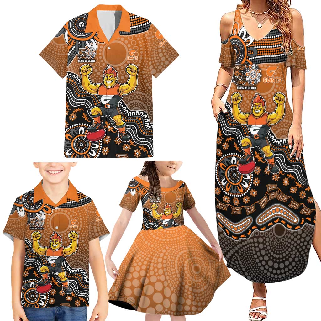 Personalized Giants Football Mascot Family Matching Summer Maxi Dress and Hawaiian Shirt Aboriginal Dot Art Style Vibrant Indigenous Pattern Design