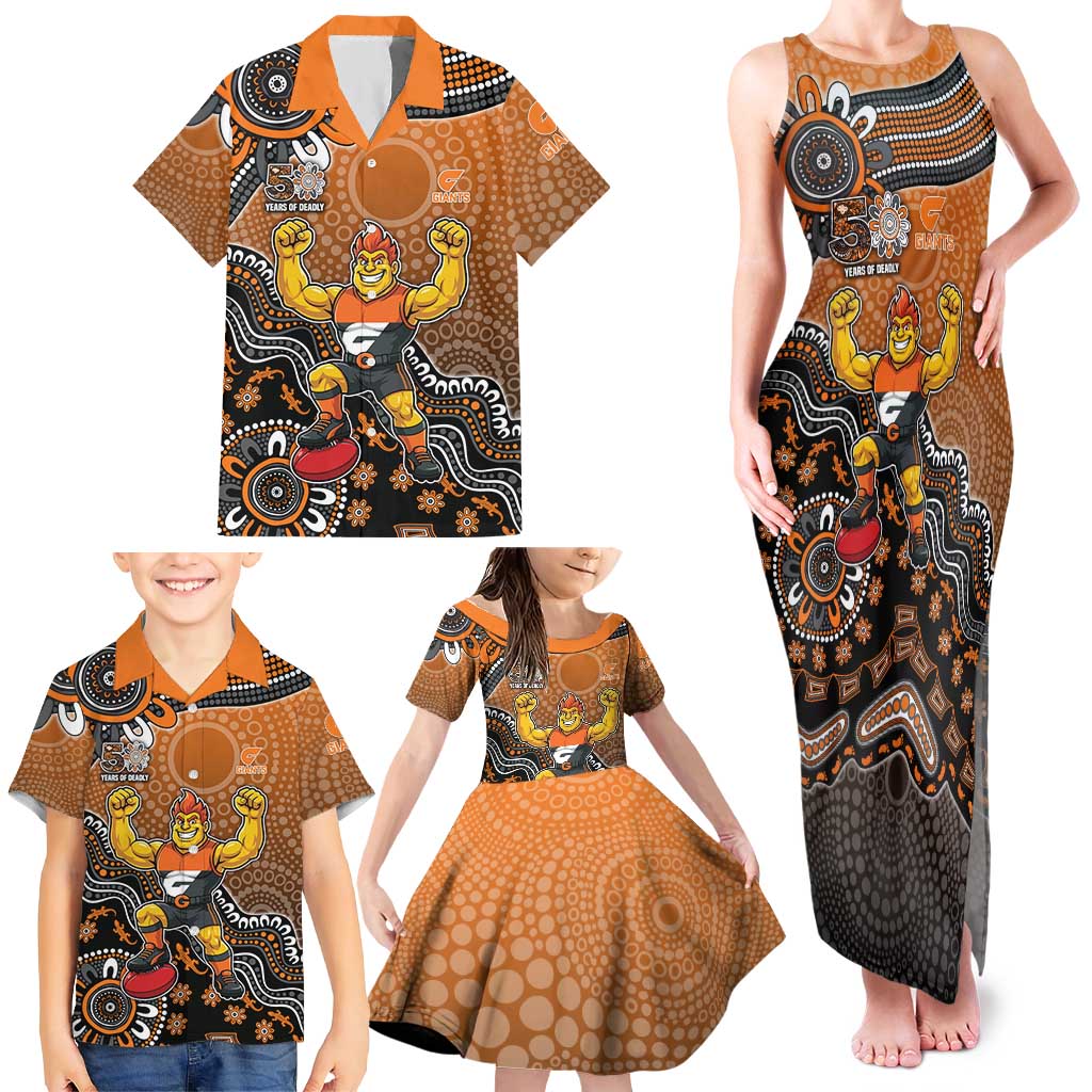 Personalized Giants Football Mascot Family Matching Tank Maxi Dress and Hawaiian Shirt Aboriginal Dot Art Style Vibrant Indigenous Pattern Design