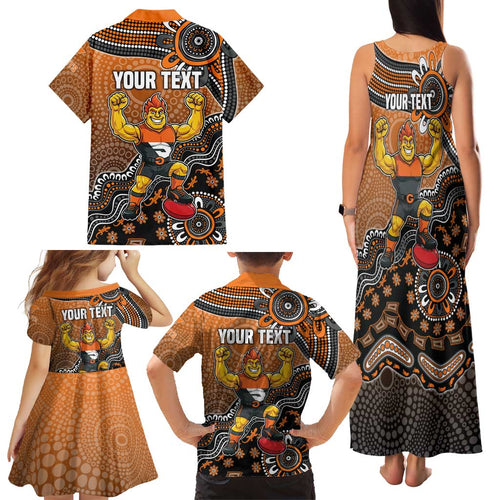 Personalized Giants Football Mascot Family Matching Tank Maxi Dress and Hawaiian Shirt Aboriginal Dot Art Style Vibrant Indigenous Pattern Design