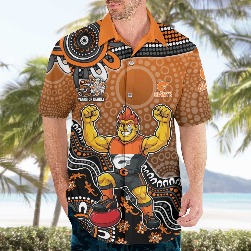 Personalized Giants Football Mascot Hawaiian Shirt Aboriginal Dot Art Style Vibrant Indigenous Pattern Design