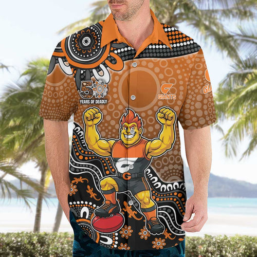 Personalized Giants Football Mascot Hawaiian Shirt Aboriginal Dot Art Style Vibrant Indigenous Pattern Design
