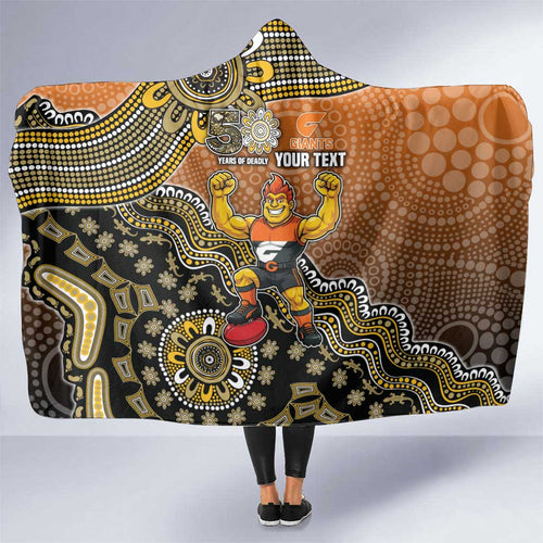 Personalized Giants Football Mascot Hooded Blanket Aboriginal Dot Art Style Vibrant Indigenous Pattern Design
