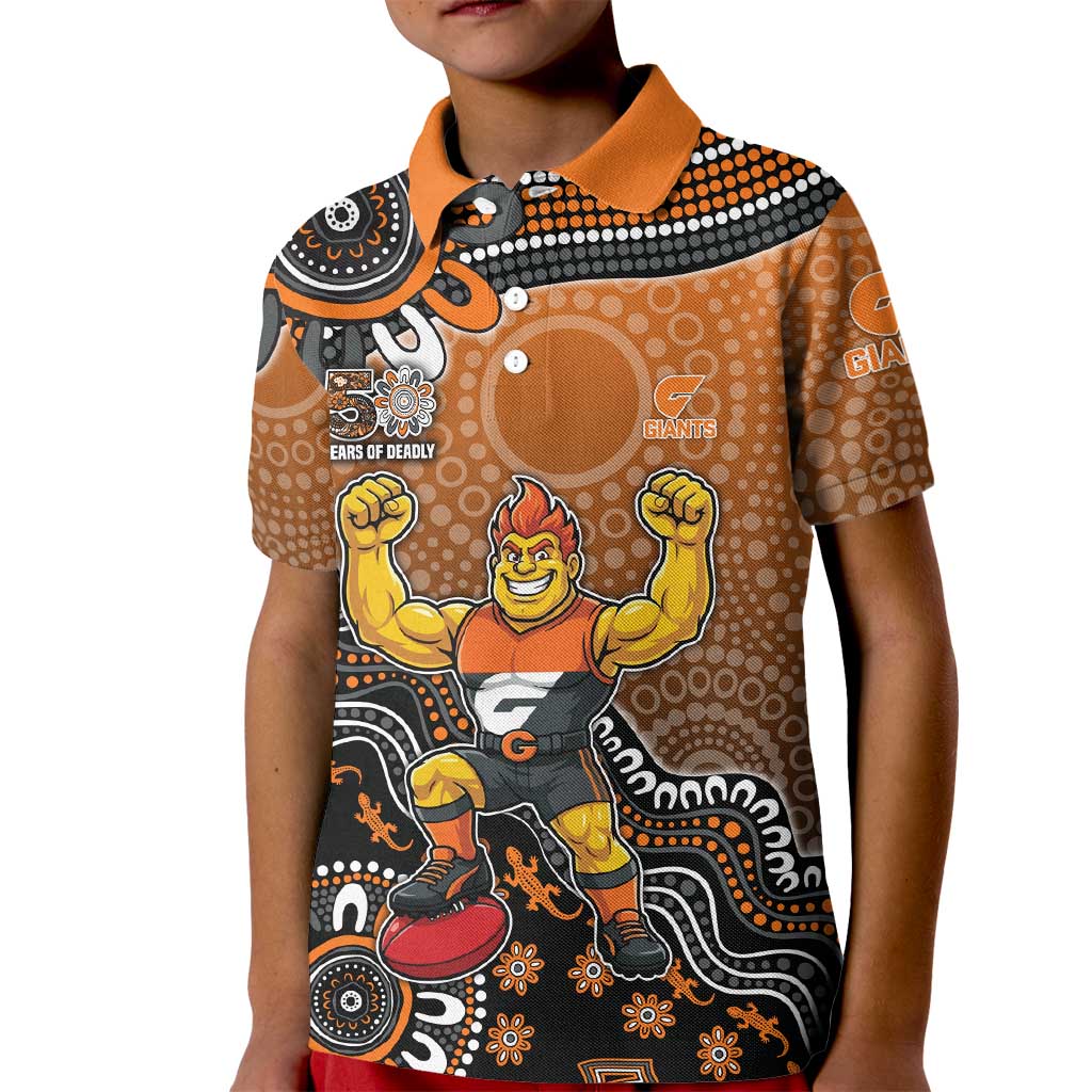 Personalized Giants Football Mascot Kid Polo Shirt Aboriginal Dot Art Style Vibrant Indigenous Pattern Design