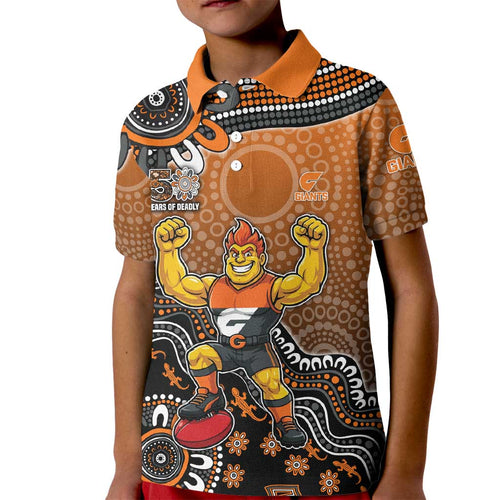 Personalized Giants Football Mascot Kid Polo Shirt Aboriginal Dot Art Style Vibrant Indigenous Pattern Design