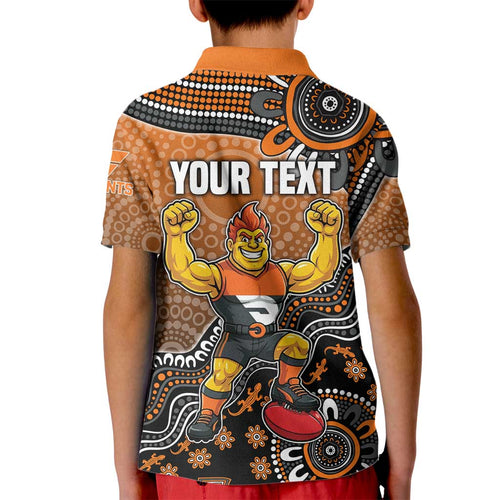 Personalized Giants Football Mascot Kid Polo Shirt Aboriginal Dot Art Style Vibrant Indigenous Pattern Design