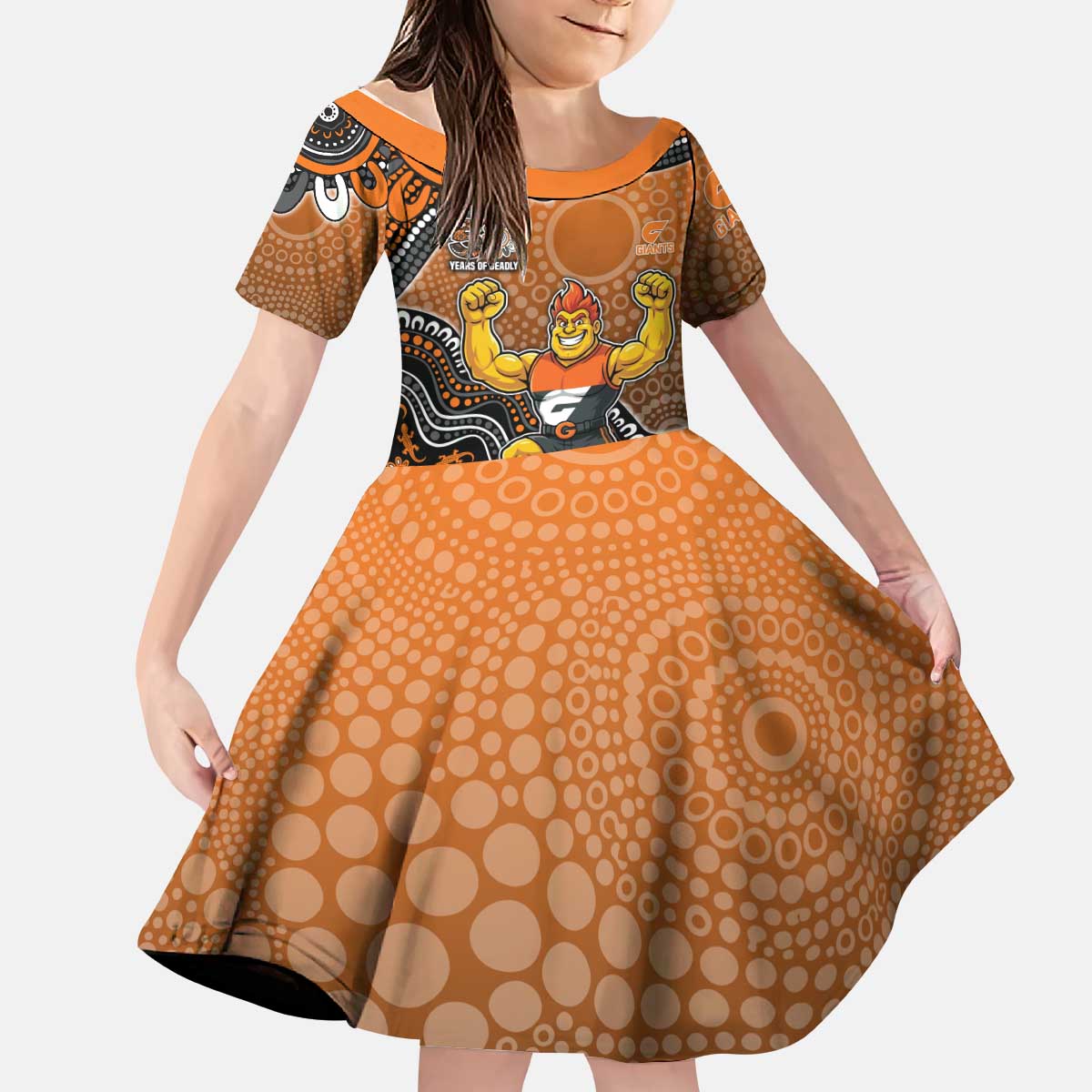 Personalized Giants Football Mascot Kid Short Sleeve Dress Aboriginal Dot Art Style Vibrant Indigenous Pattern Design