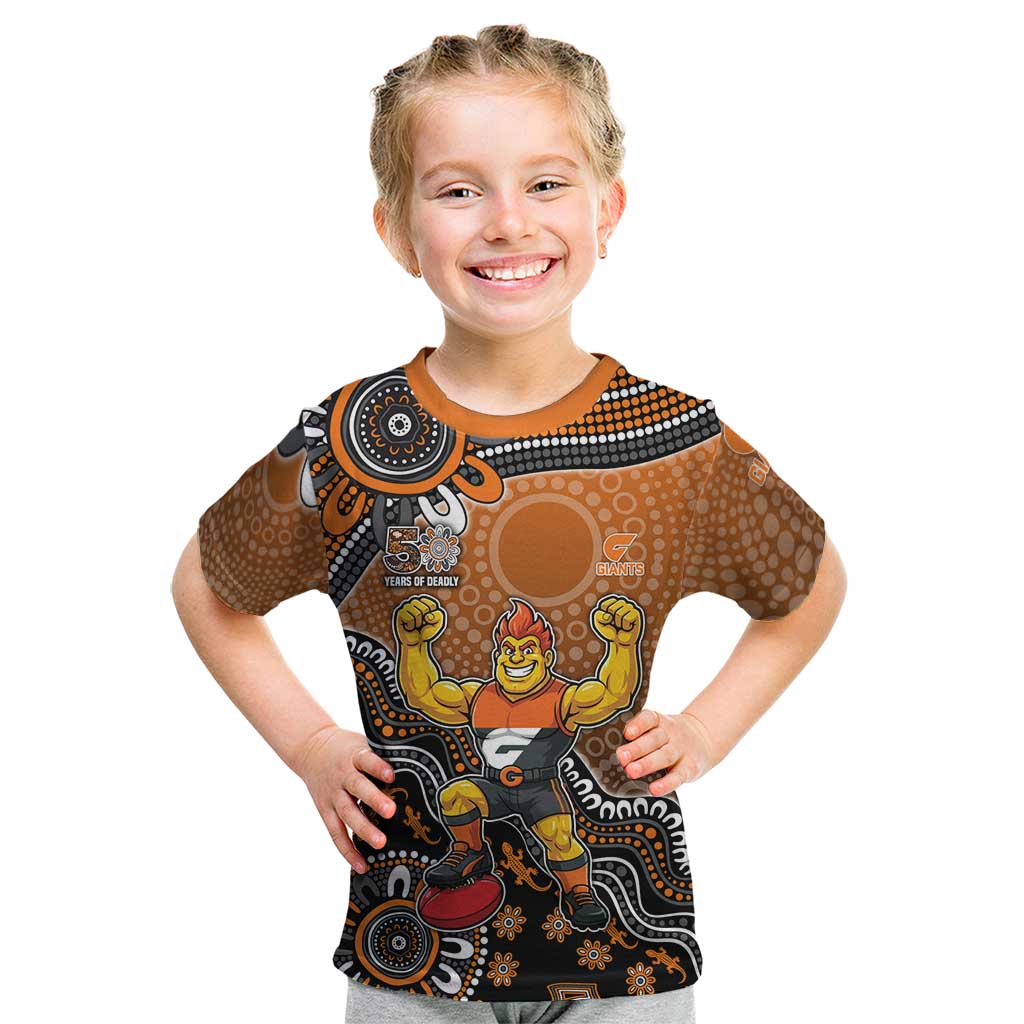 Personalized Giants Football Mascot Kid T Shirt Aboriginal Dot Art Style Vibrant Indigenous Pattern Design