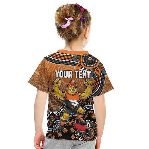 Personalized Giants Football Mascot Kid T Shirt Aboriginal Dot Art Style Vibrant Indigenous Pattern Design
