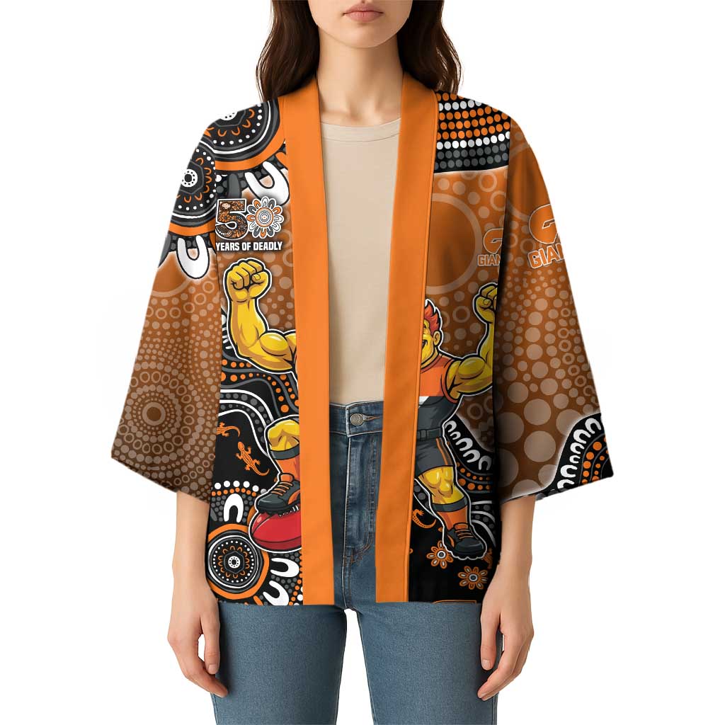 Personalized Giants Football Mascot Kimono Aboriginal Dot Art Style Vibrant Indigenous Pattern Design