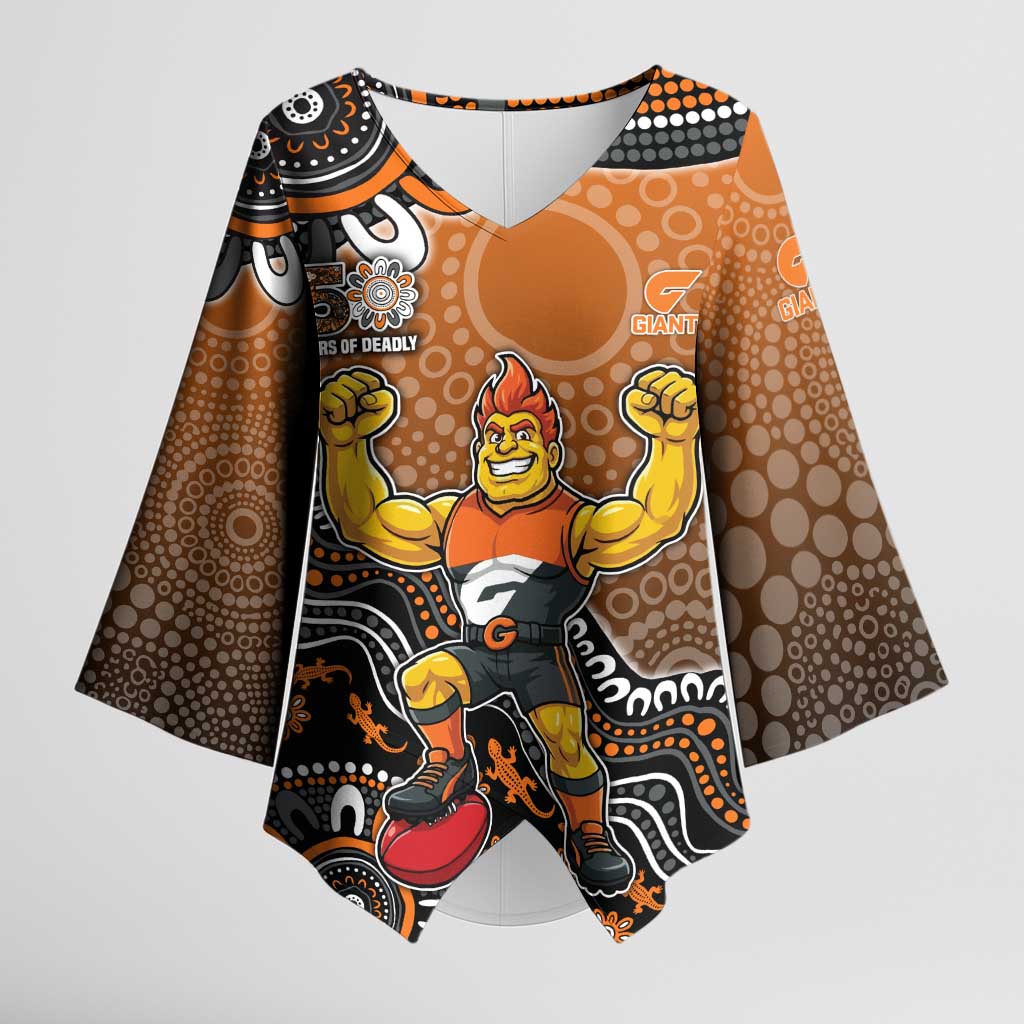 Personalized Giants Football Mascot Kimono Sleeve Blouse Aboriginal Dot Art Style Vibrant Indigenous Pattern Design