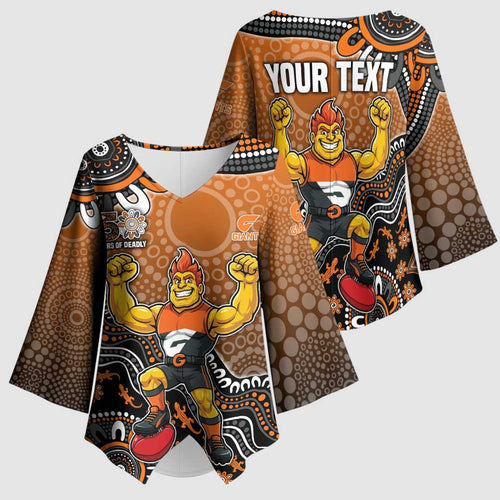 Personalized Giants Football Mascot Kimono Sleeve Blouse Aboriginal Dot Art Style Vibrant Indigenous Pattern Design