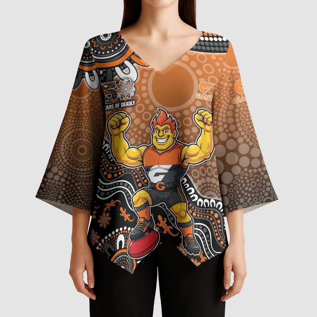 Personalized Giants Football Mascot Kimono Sleeve Blouse Aboriginal Dot Art Style Vibrant Indigenous Pattern Design