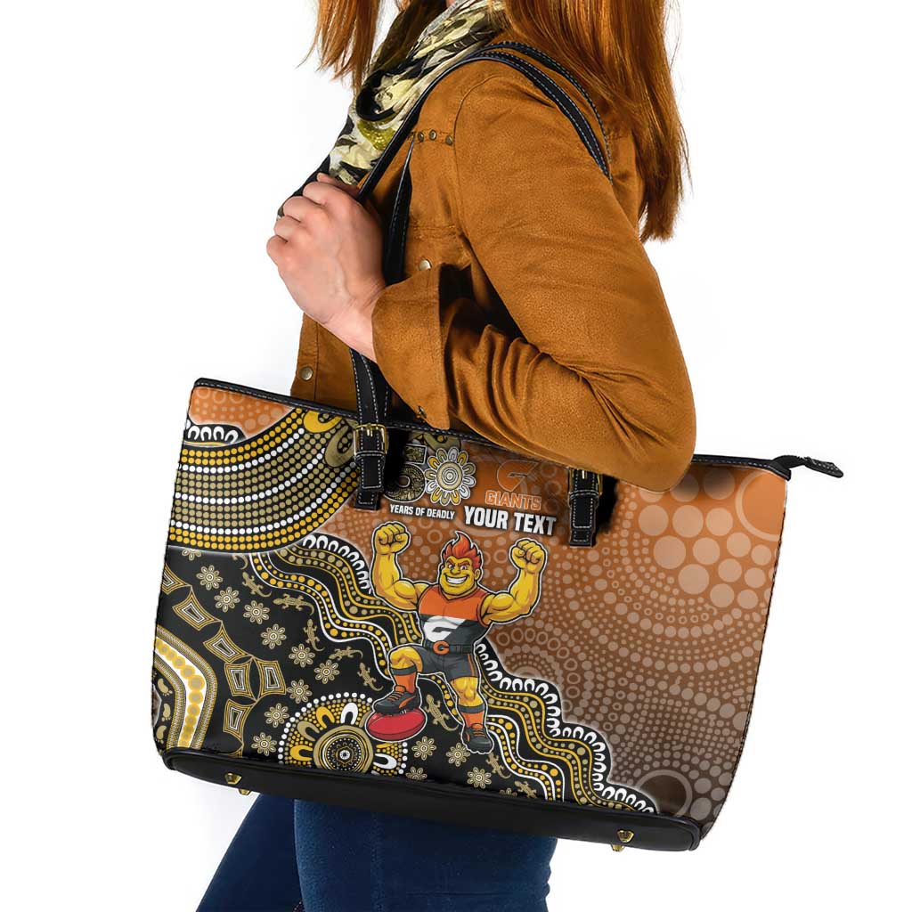 Personalized Giants Football Mascot Leather Tote Bag Aboriginal Dot Art Style Vibrant Indigenous Pattern Design