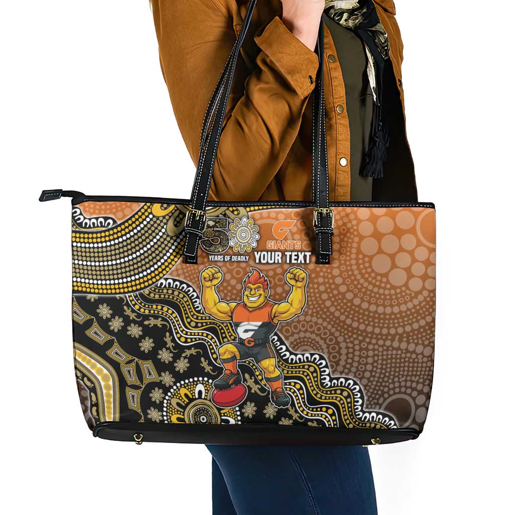 Personalized Giants Football Mascot Leather Tote Bag Aboriginal Dot Art Style Vibrant Indigenous Pattern Design