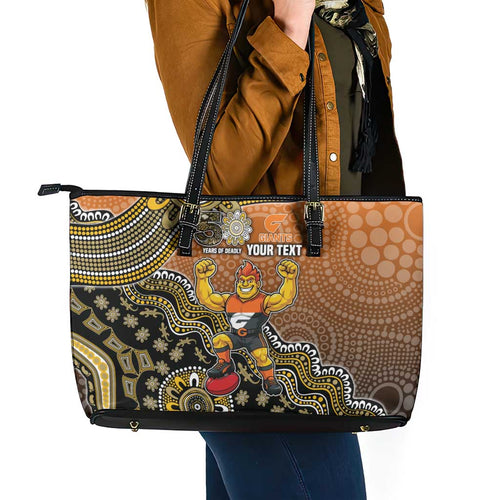 Personalized Giants Football Mascot Leather Tote Bag Aboriginal Dot Art Style Vibrant Indigenous Pattern Design