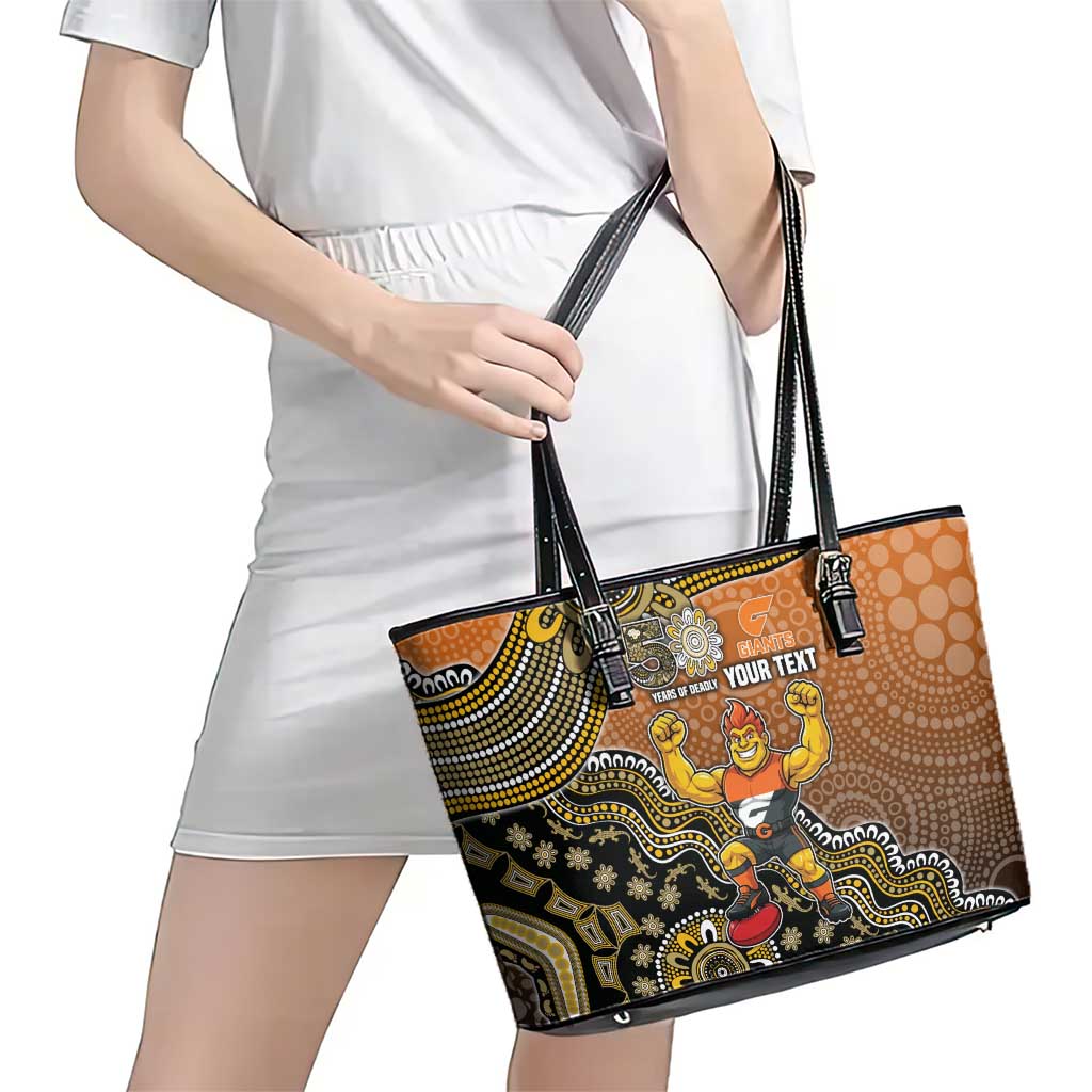 Personalized Giants Football Mascot Leather Tote Bag Aboriginal Dot Art Style Vibrant Indigenous Pattern Design
