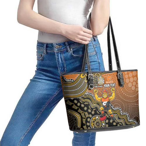 Personalized Giants Football Mascot Leather Tote Bag Aboriginal Dot Art Style Vibrant Indigenous Pattern Design